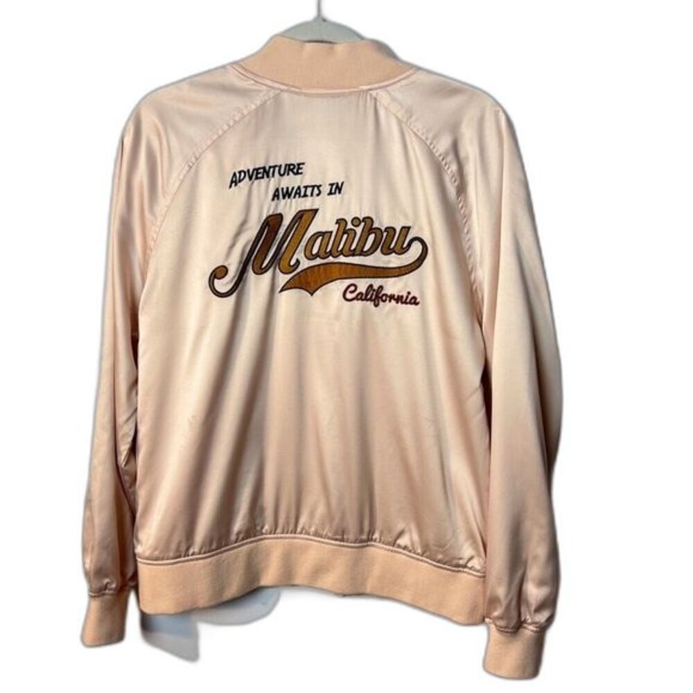 Kendall & Kylie Satin Bomber Jacket Peach “Adventure Awaits in Malibu” Size S